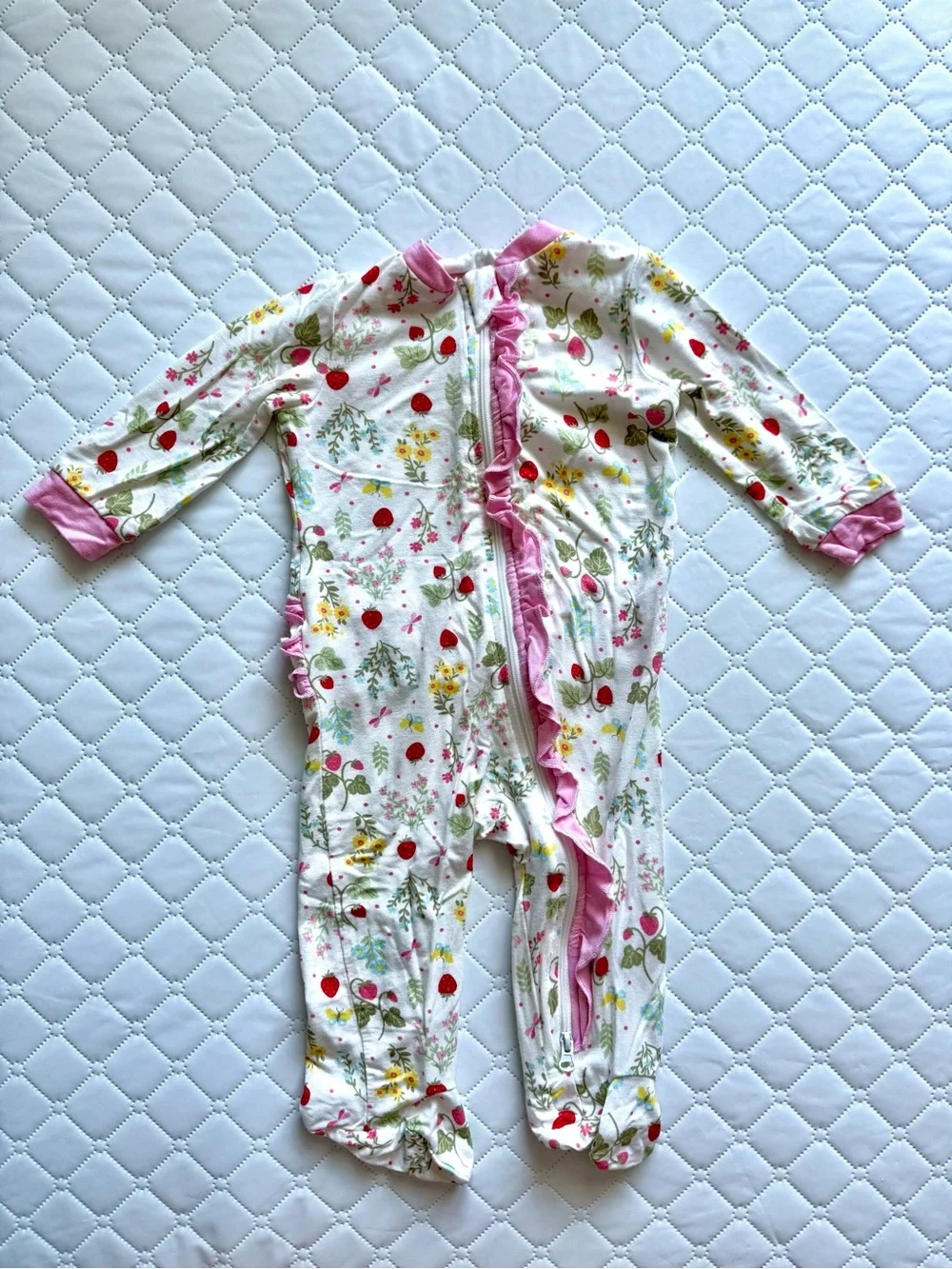 Milkberry Floral & Strawberry Footed Pajamas - Pink, Blue, White set of 3